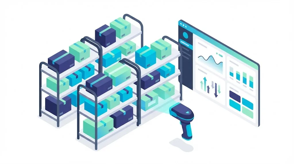 Control de inventario y stock de un negocio con estantes organizados y dashboard digital